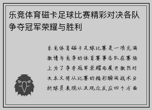 乐竞体育磁卡足球比赛精彩对决各队争夺冠军荣耀与胜利