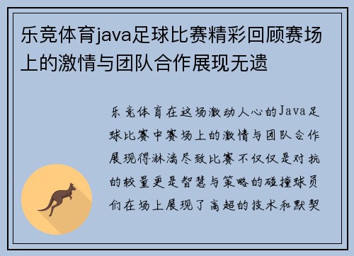 乐竞体育java足球比赛精彩回顾赛场上的激情与团队合作展现无遗