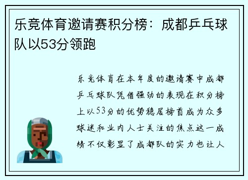 乐竞体育邀请赛积分榜：成都乒乓球队以53分领跑