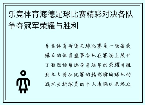 乐竞体育海德足球比赛精彩对决各队争夺冠军荣耀与胜利